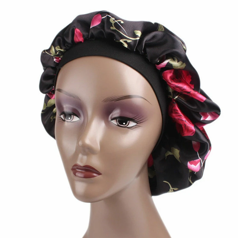

Women Satin Night Beauty Salon Sleep Cap Cover Hair Bonnet Hat Silk Head Wide Elastic Band For Curly Springy Chemo Cap Towel