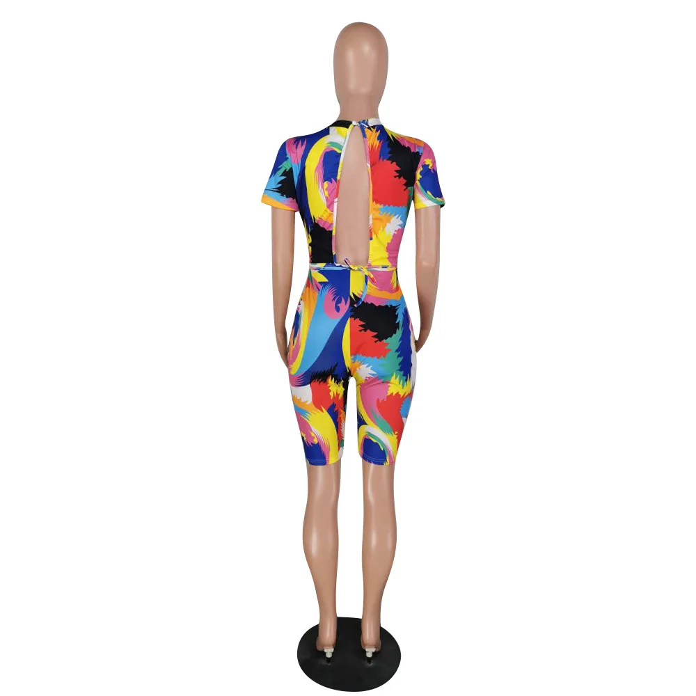 

Simenual Casual Backless Playsuit Sexy Front Cross Lace Up Short Rompers Tie Dye Print Womens Jumpsuit Workout Biker Playsuits