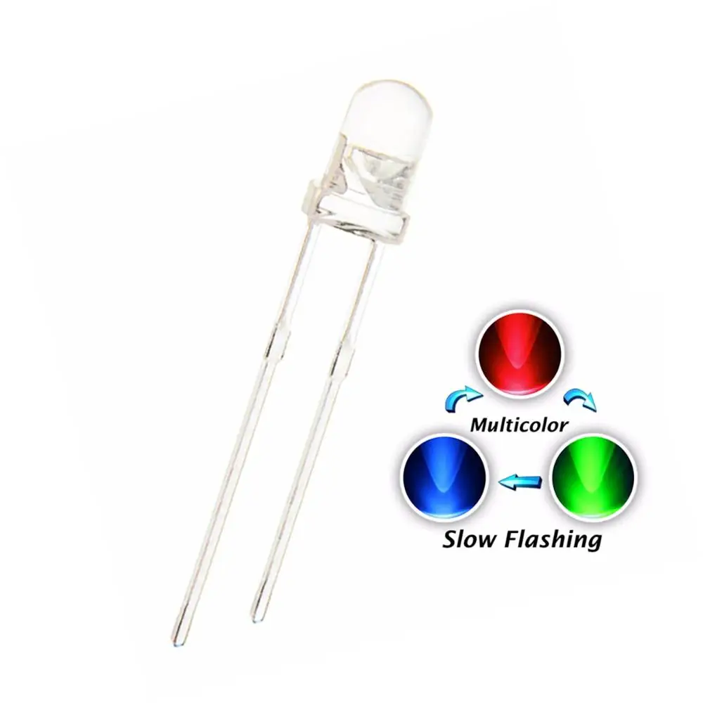 

100PCS 3MM Water Clear RGB Slow Flash LED Round Light Emitting Diode F3 Blinking Multicolor Flicker 20mA 3V