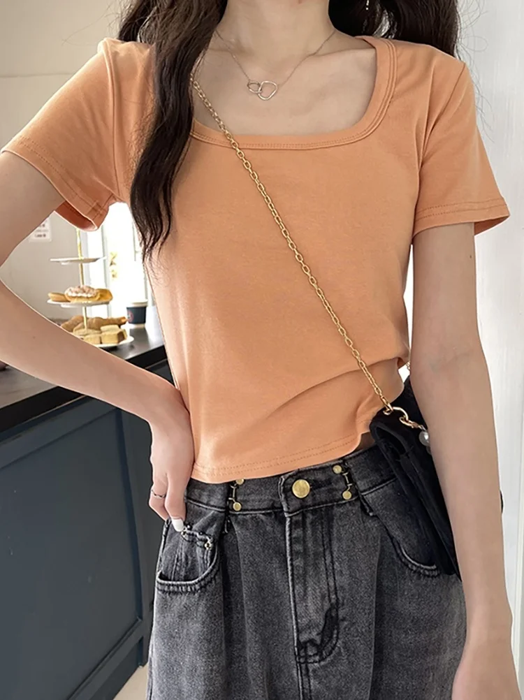 

Square Collar Cotton T-shirt Short Sleeve 2021 Women's Summer Solid Color Short Slim Top Clothes Hot Girl Fashion T Shirt Tshirt