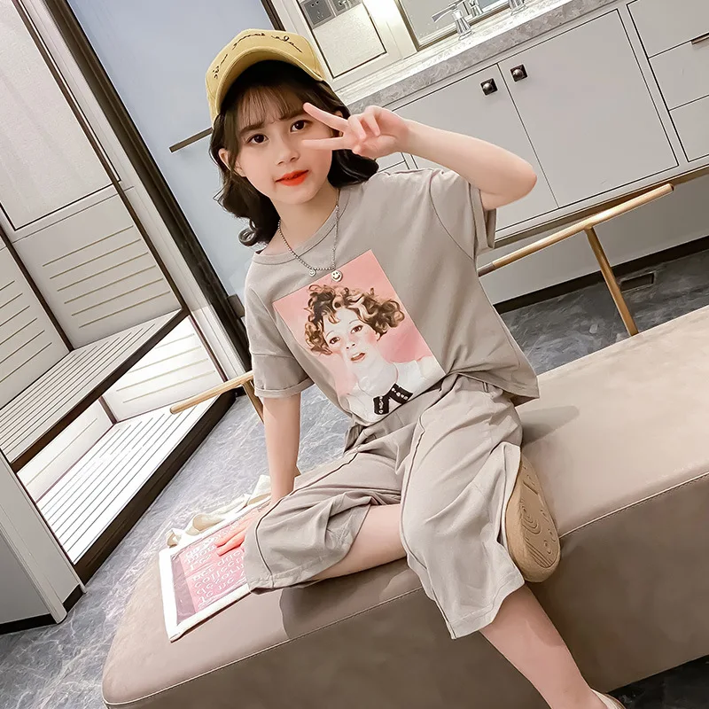 Тонкие летние костюмы для маленьких девочек 7 9 11 лет с круглым вырезом в стиле