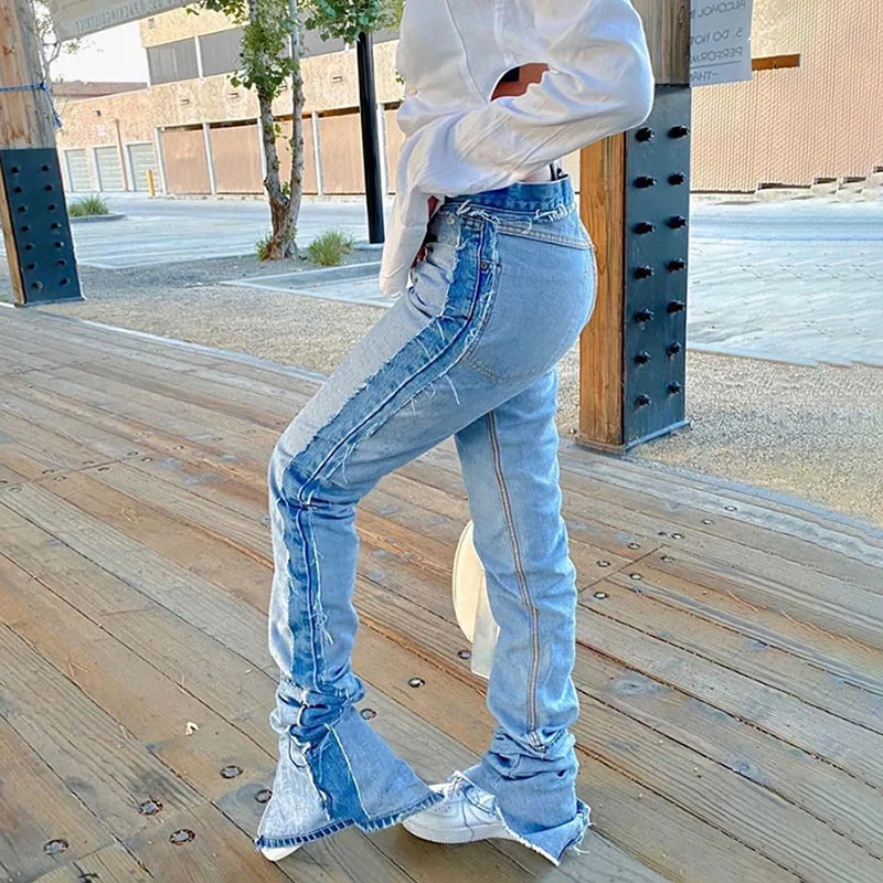 

Inside-Out Stacked Women Flare Jeans 2020 High Waist Slim Pockets Blue Demin Pants Autumn Streetwear Female Long Trousers