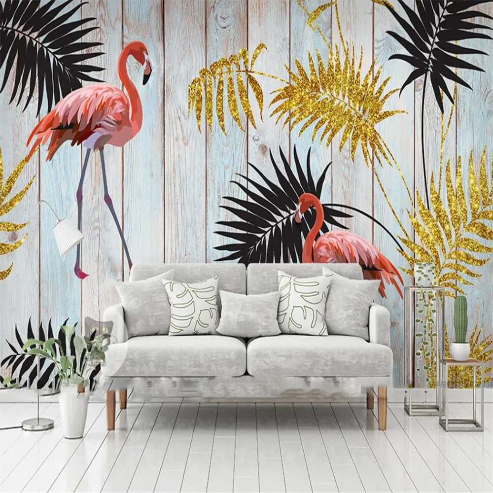 

Milofi custom 3D wallpaper mural tropical golden leaves flamingo wood grain background wall for living room bedroom decoration