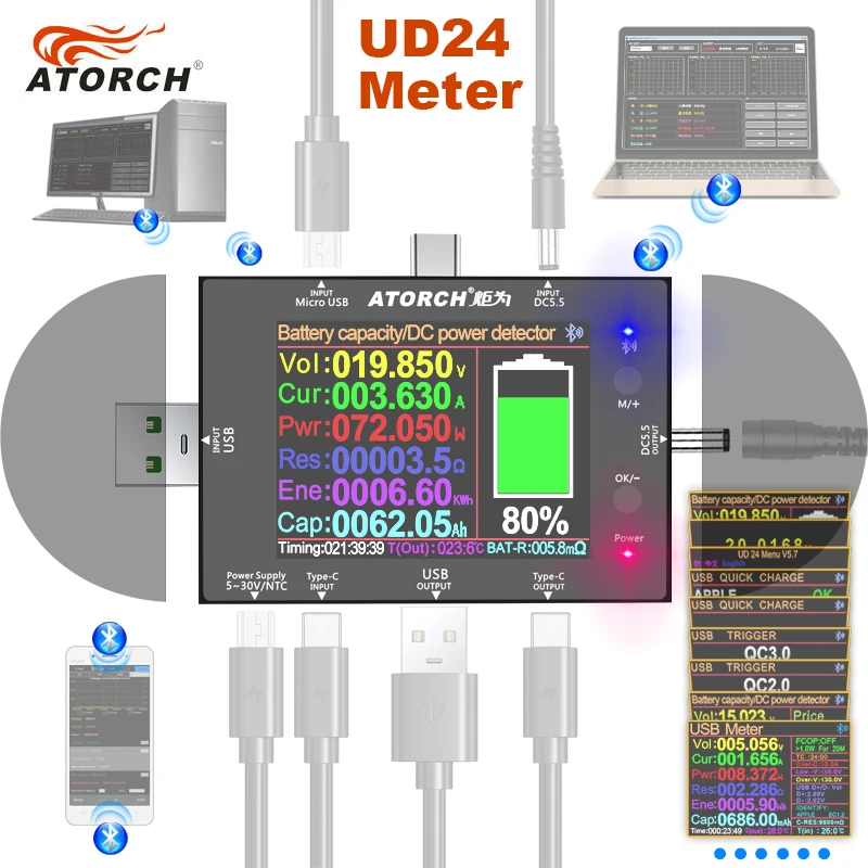 Цифровой USB-тестер UD24 DC5.5 Type-C Вольтметр + Температурный Зонд NTC кабель с зажимом