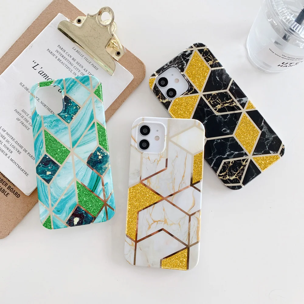 

Luxury Glitter Plating Geometry Marble Phone Case for Iphone 12 Mini 11 Pro X XR XS Max 7 8 Plus SE 2020 Soft Tpu Back Cover