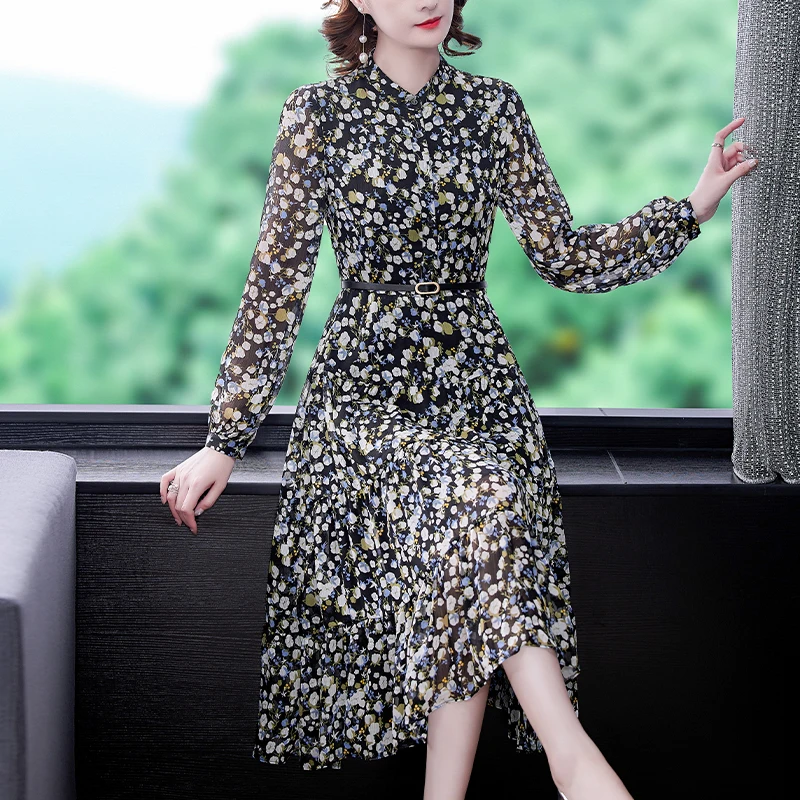 

Only Plus Women Flowers Print Dress With Belt Ruffled Long Sleeve Transparent High Waist One Piece O-Neck A-Line Fairy Dresses