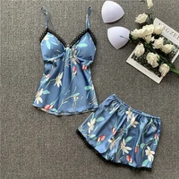 sr038 navy floral sexy lace lingerie home clothes satin sleepwear womens pajama set paded nightwear female cami top and shorts