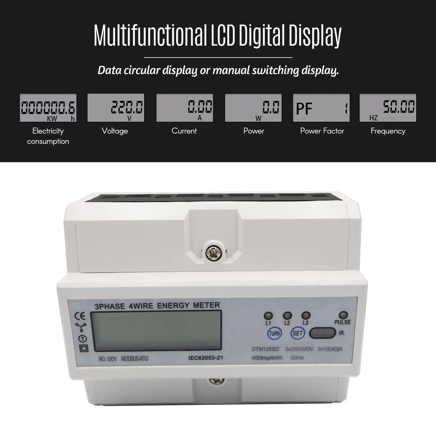 

RS485 DIN-Rail Energy Meter 3 Phase 4 Wire MODBUS Protocol AC220/380V 10(40)A Electronic KWh Meter Power Consumption Monitor