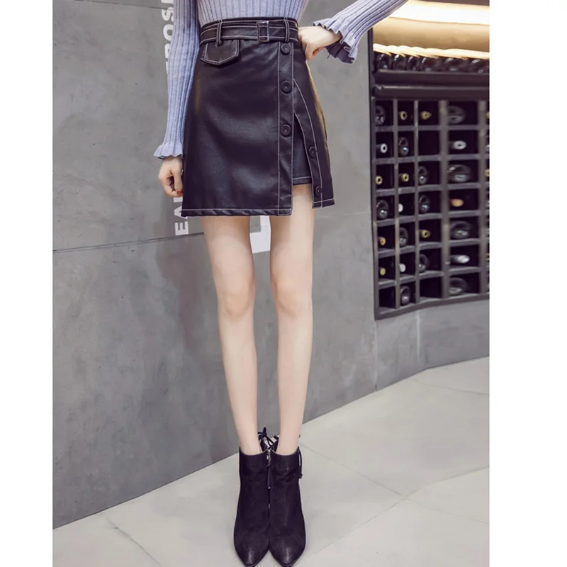 Женская миди юбка искусственная кожа черная высокая талия сексуальная скошенная