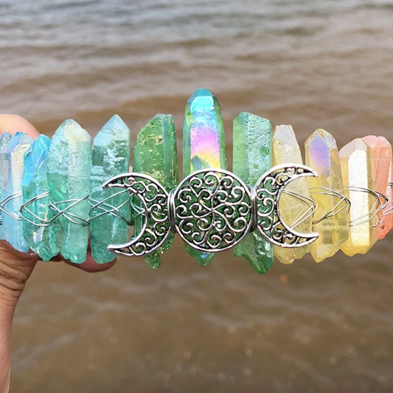 

Rainbow Raw Quartz Crystal Crown Headband Boho Moon Branches Tiara Hair Hoop N58F