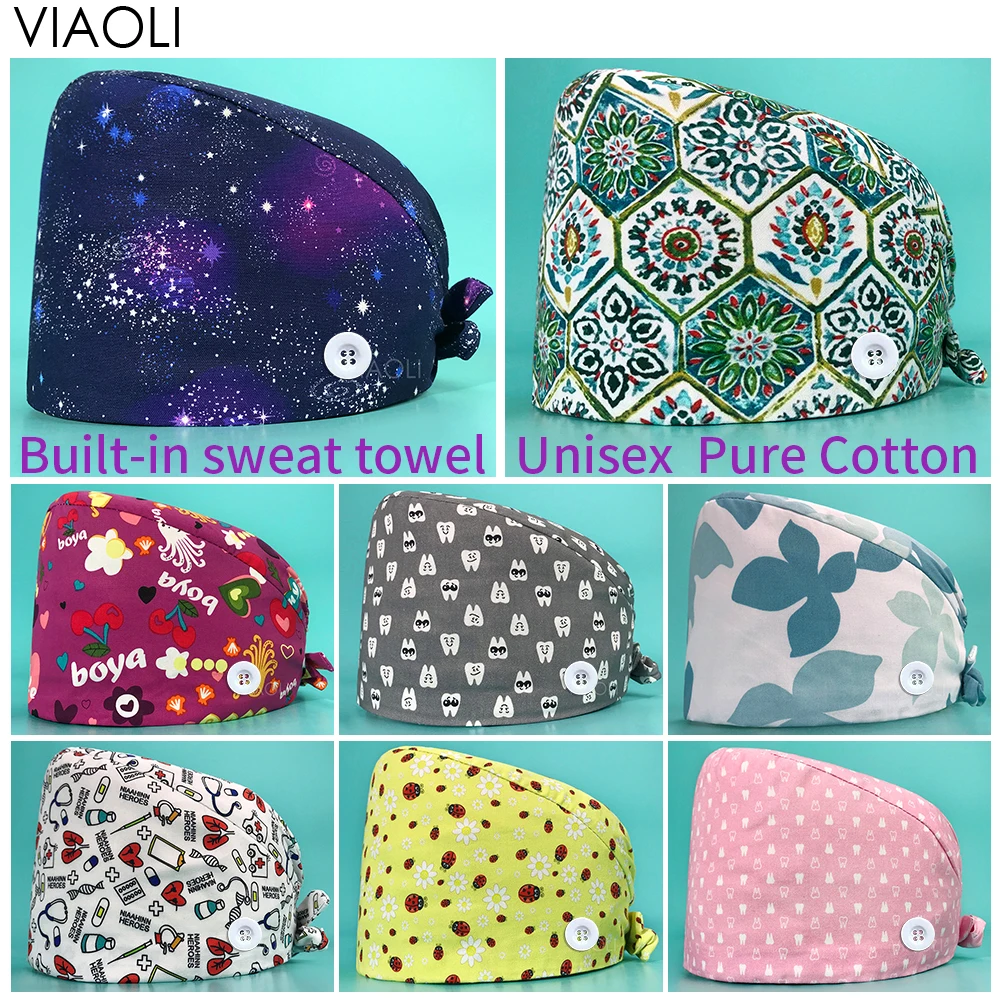 

Unisex Breathable Multicolor cotton pet scrub work caps with sweat towel scrub nurse uniform medical Dustproof accessories hats