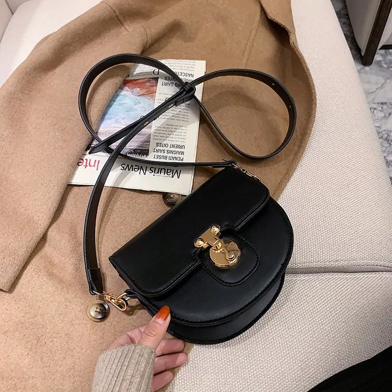 

Vintage Pure Color Mini Saddle Bag 2021 Winter High Quality Leather Women's Designer Handbag Lock Shoulder Crossbody Purses