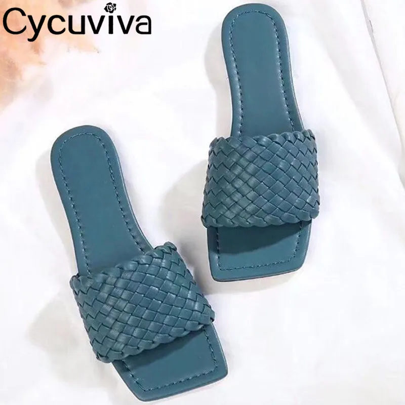 Мюли женские с квадратным открытым носком кожаные плоская подошва плетеные в