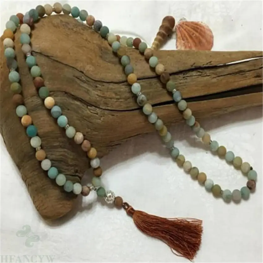 

8mm Amazonite Gemstone Mala necklace 108 Beads band Tassel mala Fancy