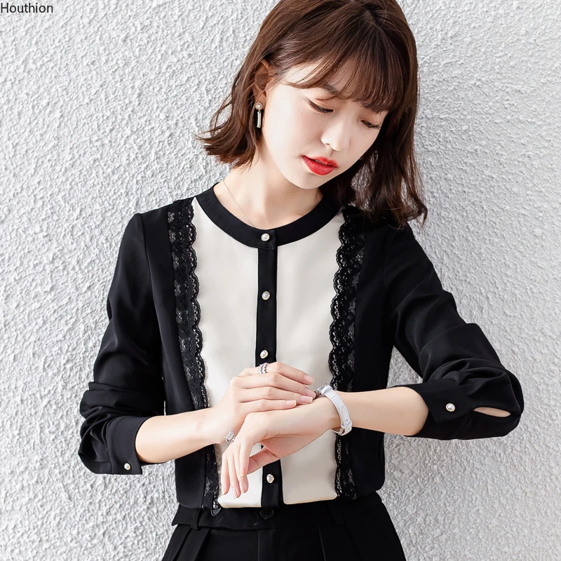 

Chiffon Women's Blouse Loose Polo Girl's Shirt Plus Size Fashion Summer Casual Long Sleeve Top Lace Lady Blusas Houthion