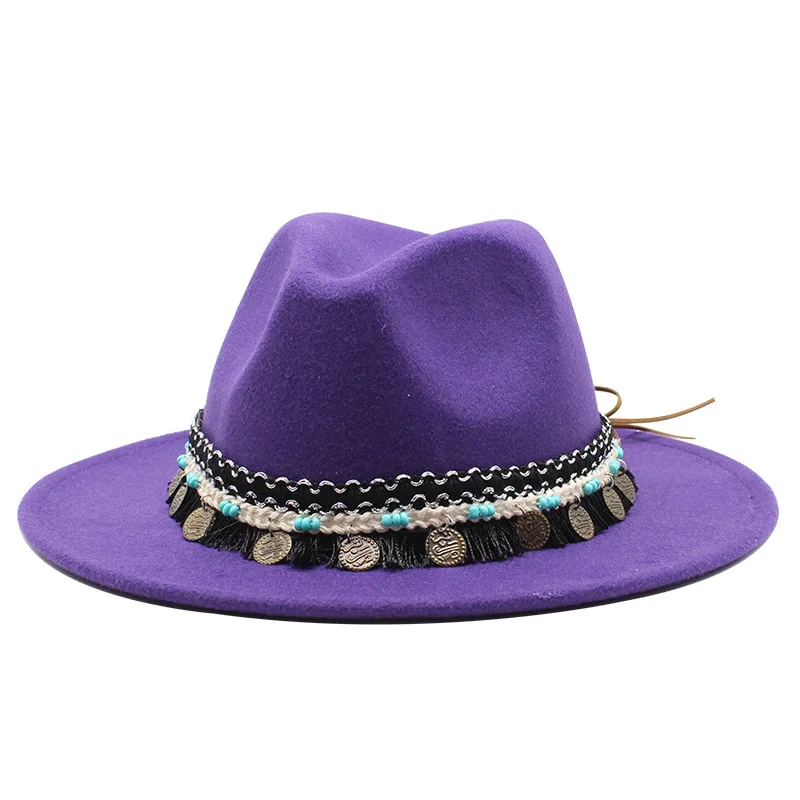 Seioum Unisex Panama Wool Felt Fedora Hats Decoration Fashion Flat Brim Jazz Formal Top Hat Bowler Hat Derby for Men Women
