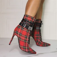 kolnoo real photos handmade ladies high heel boots plaid leather rivets spikes buckle deco martin boots large size fashion shoes