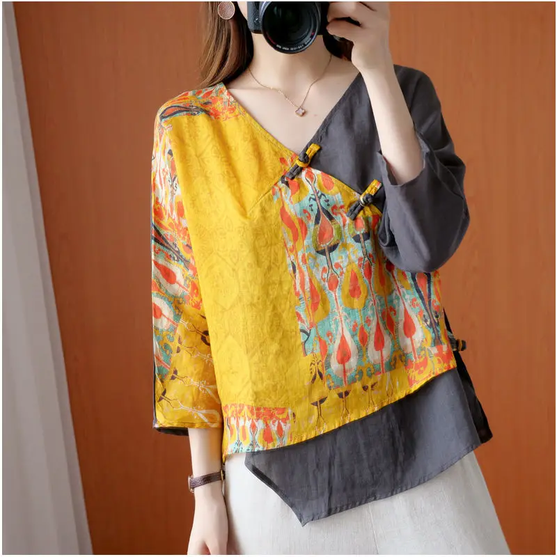 Vintage Ethnic Blouse Shirt Stitch Summer Clothes For Women Plus size Ladies Tops Tunic 3/4 Sleeve Loose Casual V neck