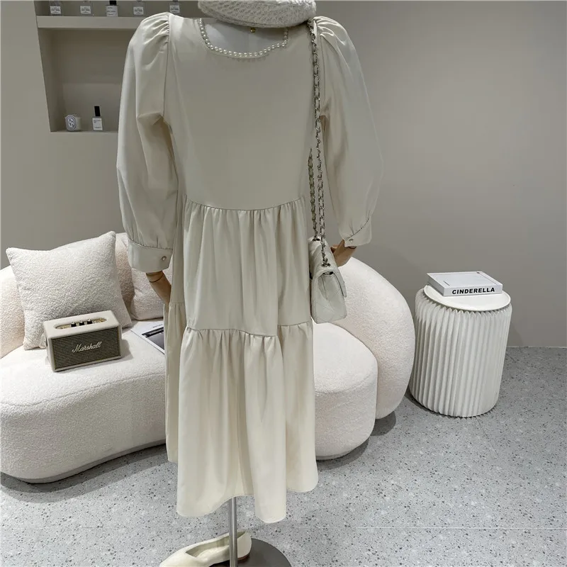 

Women's Spring Summer 2021 Fashion Temperament square neck pearl long sleeve A-line versatile mid length dress