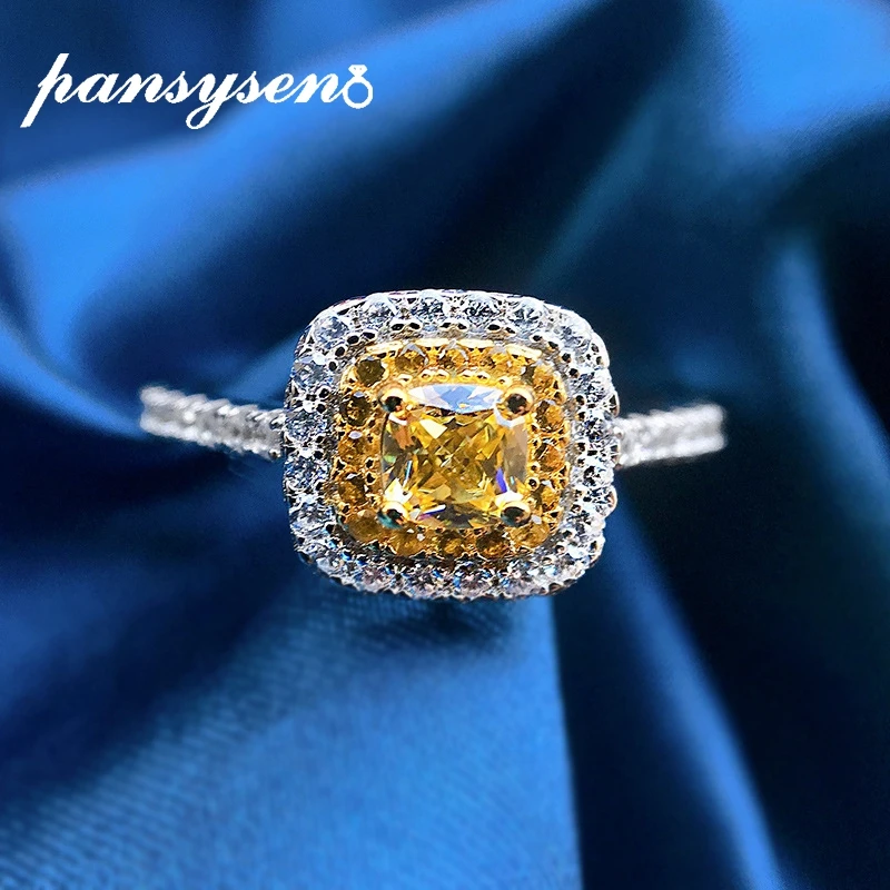 

PANSYSEN Charms 4MM Citrine Rings For Women Genuine 925 Sterling Silver Jewelry With Zircon Stones Anniversary Engagement Gifts