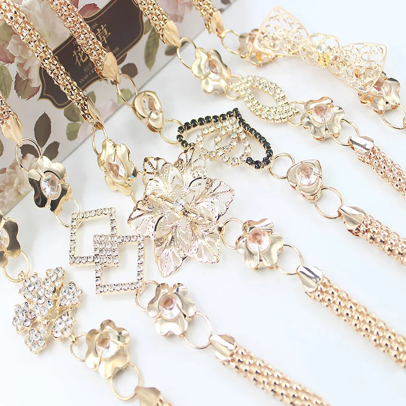 Женский ремень с цветами Золотистый металлический пояс кристаллами и