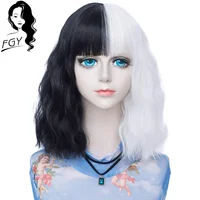 FGY Half Black Half White Two-color Short Roll Water Wave Synthetic Band Bangs Wig Lady Lolita Cosplay Halloween Wig Black Red
