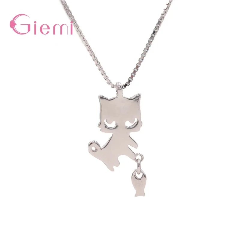 

Authentic 925 Sterling Silver Smooth Surface Cute Little Cat Catching Fish Shape Pendant Necklace For Women Fine Jewelry