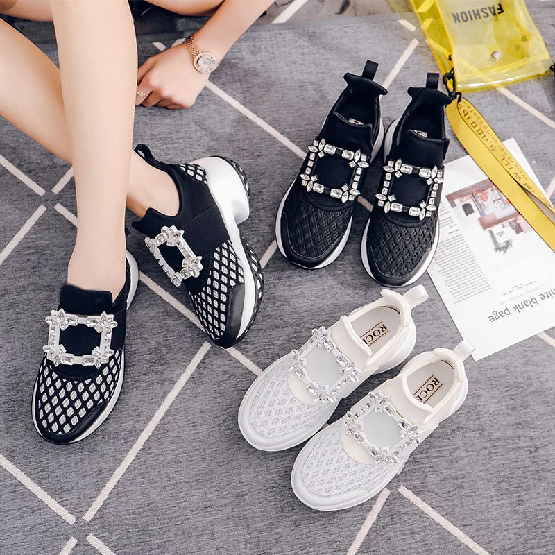 

Platform Sneakers Crystal Buckle Air Mesh Designer Trainers Thick Bottom Chunky Women's Sneakers Vulcanized Casual Shoes N8-20