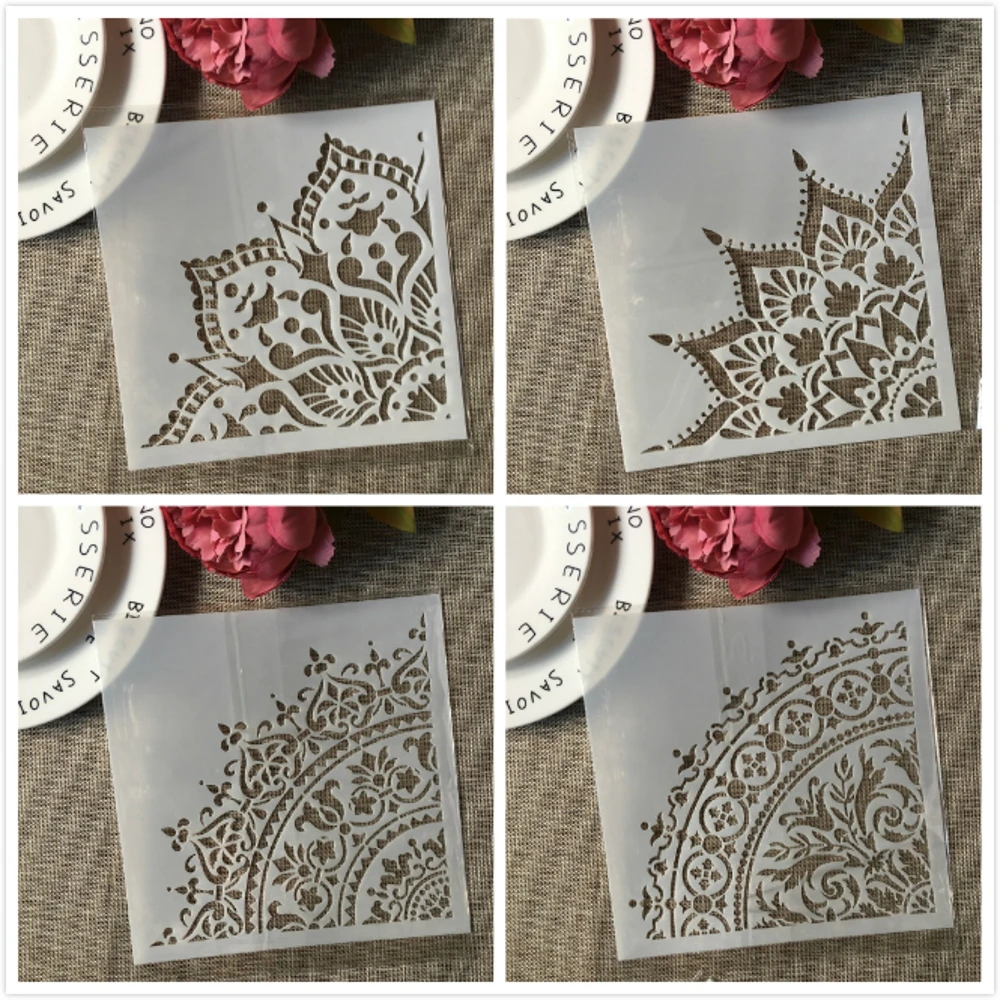 4 шт./компл. 20*20 см Мандала 1/4 Круг Колеса DIY Многослойные трафареты раскраска для