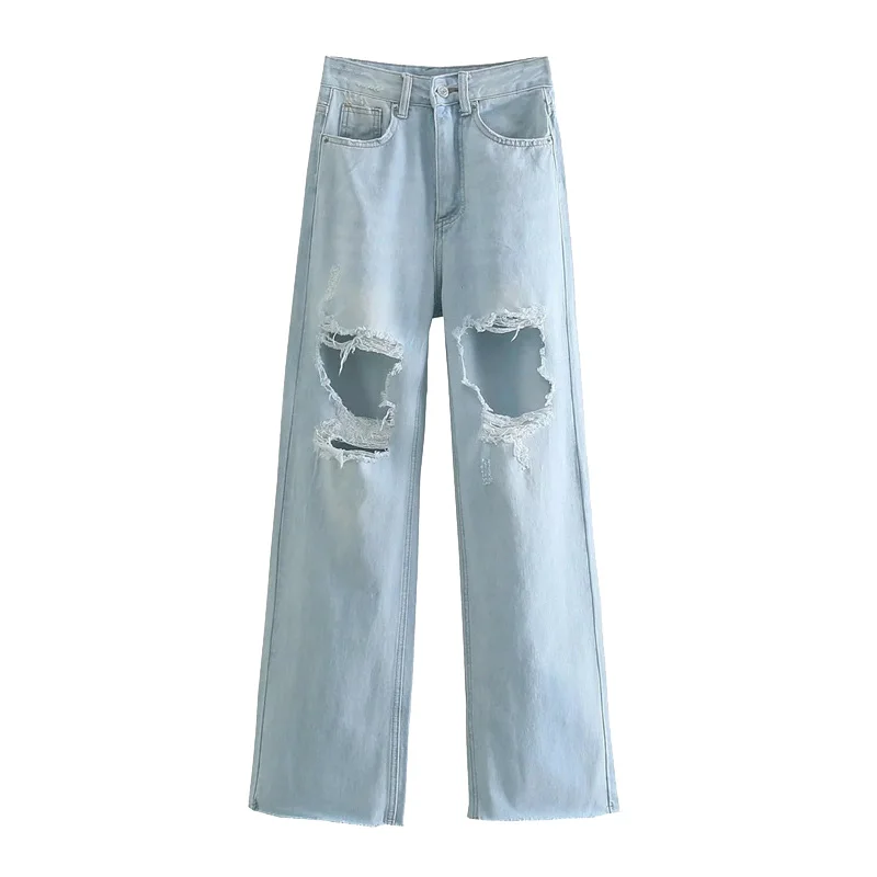 

Women 2021 Chic Fashion Ribbed Hole Tassel Denim Wide Leg Jeans Vintage High Waist Zipper Fly Female Trousers Mujer