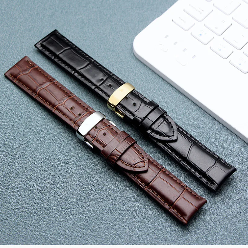 Genuine leather bracelet black brown color watch strap Butterfly Clasp watchband sized in 12 14 16 18 20 21 22mm 23mm watch band