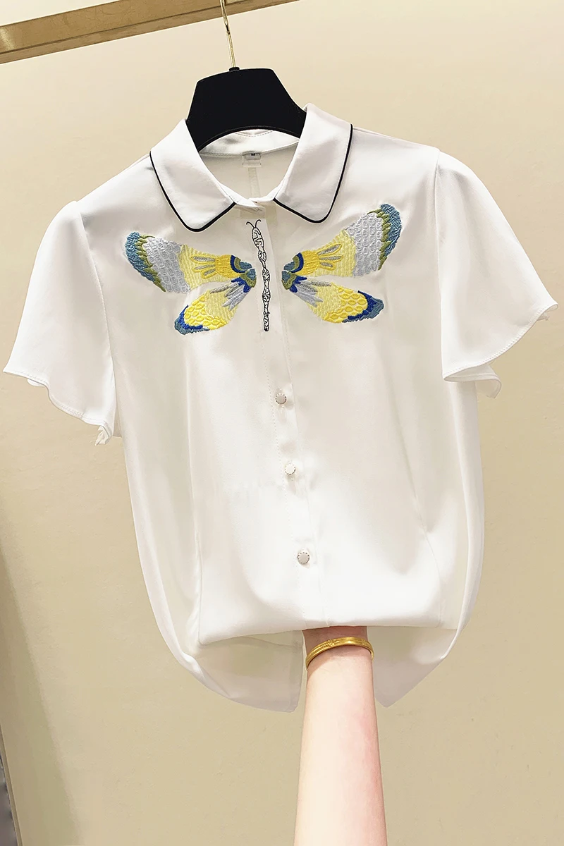 

Women's Shirt 2020 Summer New Korean Style Loose Dragonfly Embroidered Short Sleeved Chiffon Shirt Flounced Temperament Blouse
