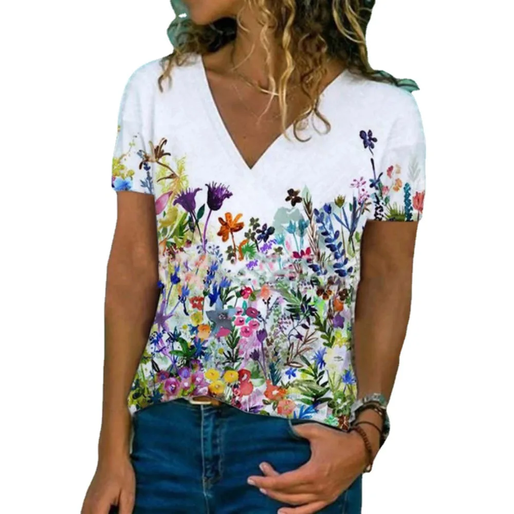 

Summer Women V-neck Slim Short Sleeve Tops Temperament Commuter Floral Print Pullover All-match Lady T Shirt
