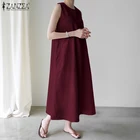 Женское летнее платье без рукавов ZANZEA, повседневные свободные платья макси 2022, праздничный халат, Женский однотонный длинный сарафан с круглым вырезом