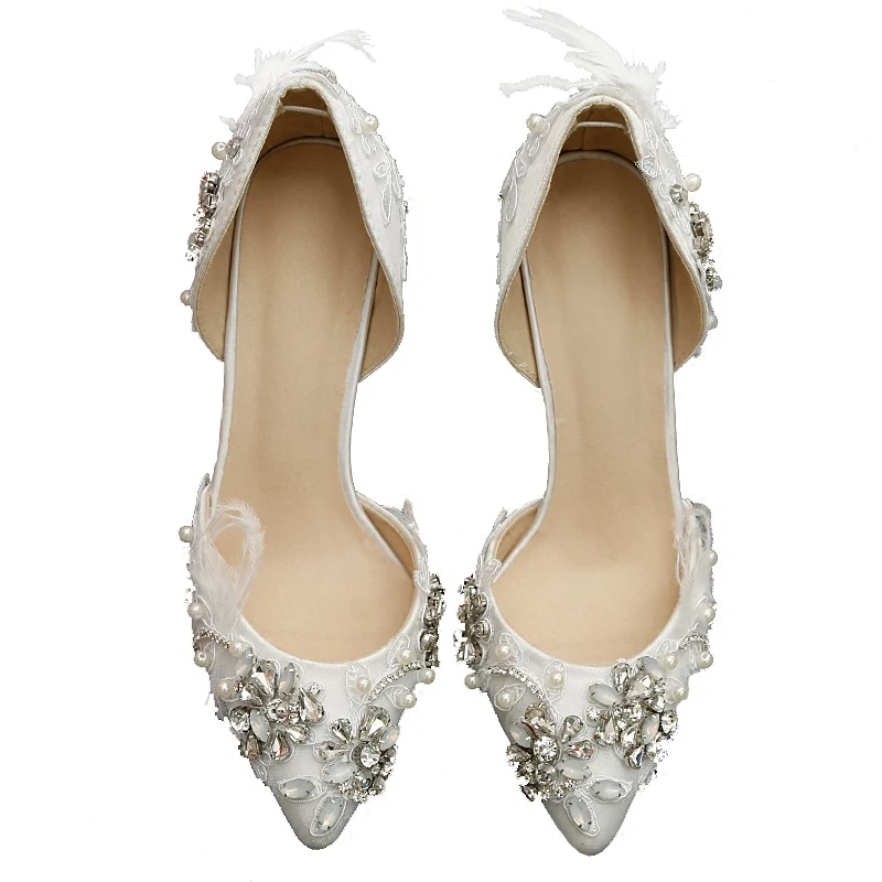 

9cm High Heels White Wedding Shoes Luxury Women Pumps Crystal Lace Flowers Silver Stiletto Ankle Strap Bridal Ladies Party Shoes