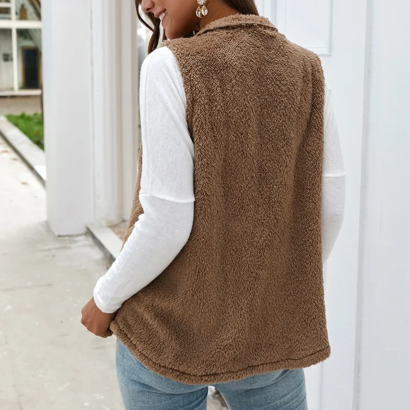 

Women's Winter Coat Plush Vest Solid Color Zipper Turn-down Collar Ladies Cashmere With Pocket Female Vest Coats