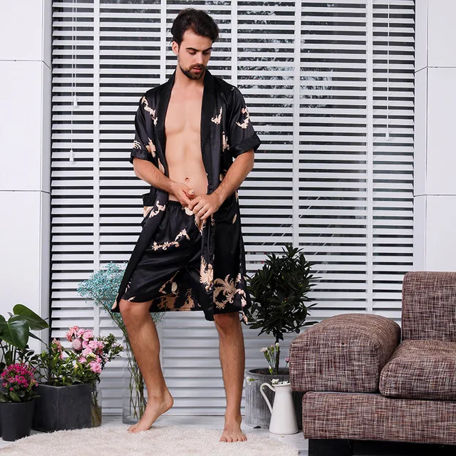 black 2PC set Черный костюм из двух предметов, мужской шелковый халат с драконом, очень большой 5XL халат с драконами, Мужской Атласный халат, шелковое кимоно для мужчин - Цвет: black 2PC set
