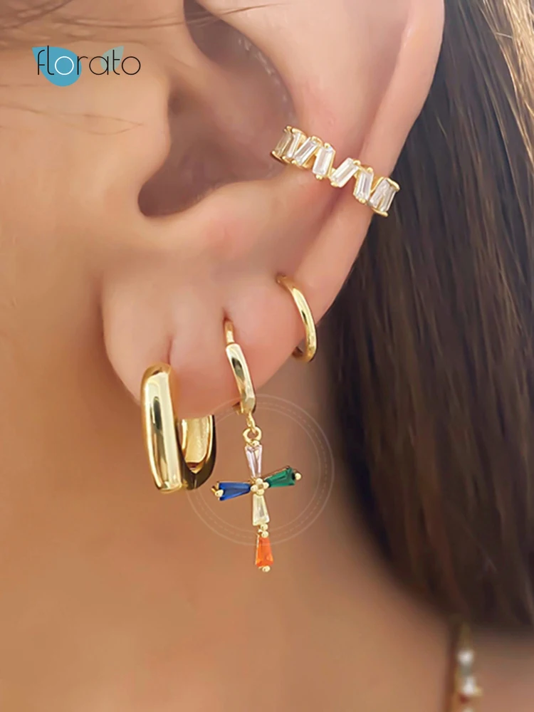 

925 Sterling Silver Ear Buckle Rainbow Cross Zircon Hoop Earrings for Women Girl Engagement Wedding Pendant Jewelry Earring