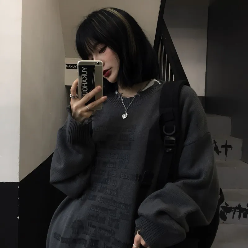 Woherb новый модный рваный свитер с надписью для женщин и мужчин топы пар джемпер Goth