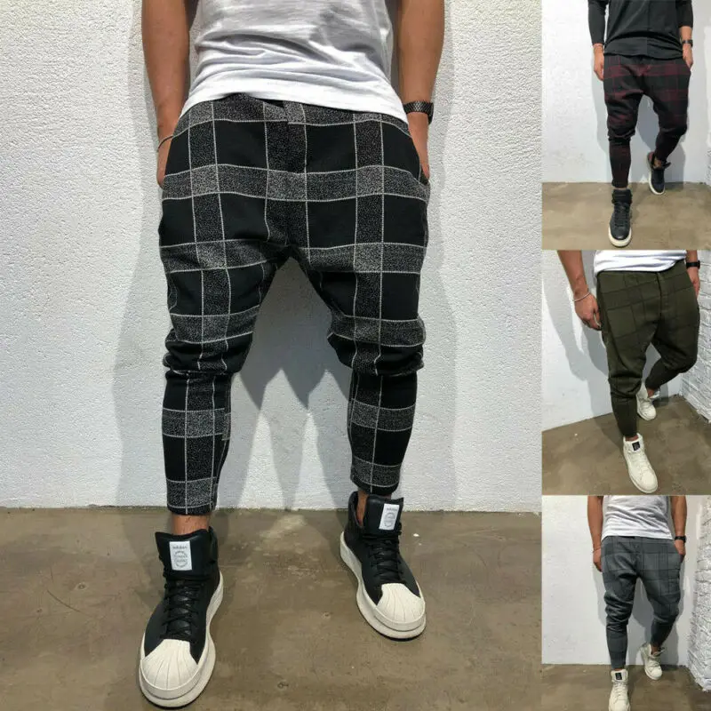 Мужские облегающие брюки-карго Стрейчевые повседневные брюки в клетку с плоской