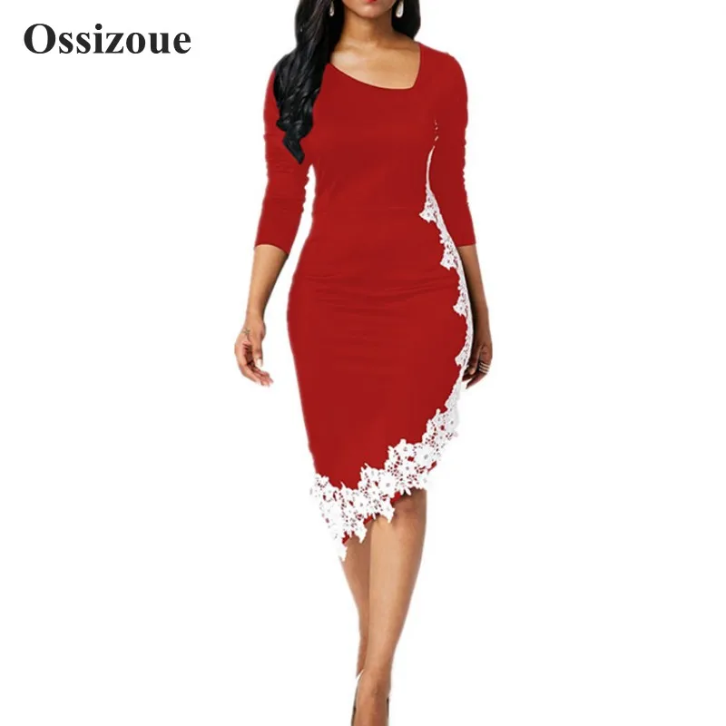 

Plus Size Women's Black Cocktail Dress 3/4 Sleeve Stretchy Irregular Hem With White Lace Bodycon Red Party Dresses YSAN428