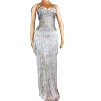 silver fringes rhinestones sequins floor length dresses party dress for women shiny costume nightclub dance party show wear
