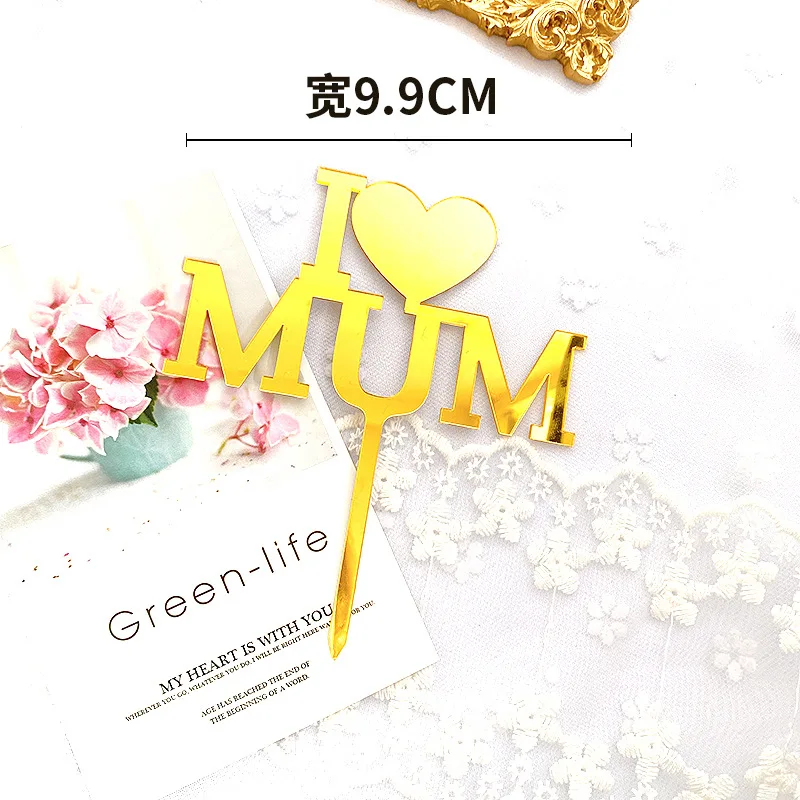 

I Love Mum Mother's Day Acrylic Cake Topper Gold Mama Birthday Cake Topper for Mother's Day Mom Birthday Party Cake Decorations