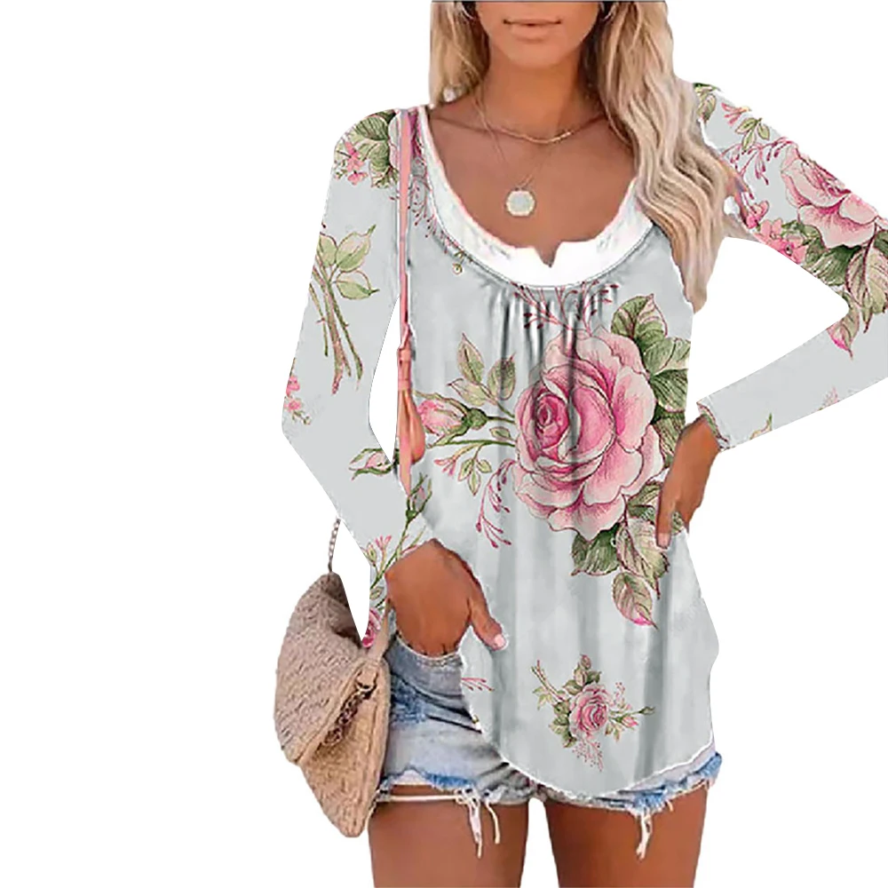 

Women's Pullover Tshirt Floral Printed Long Sleeve Tops Autumn Fake Two Piece Woman Casual Oversized Boho Style Female Top D30