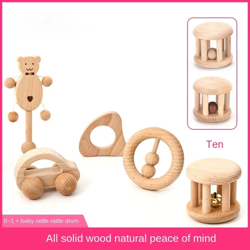 

Toddler Toys Newborn Set Toys Infant Solid Wood Unpainted Molar Rattles Toddler Bag Set Educational Toys