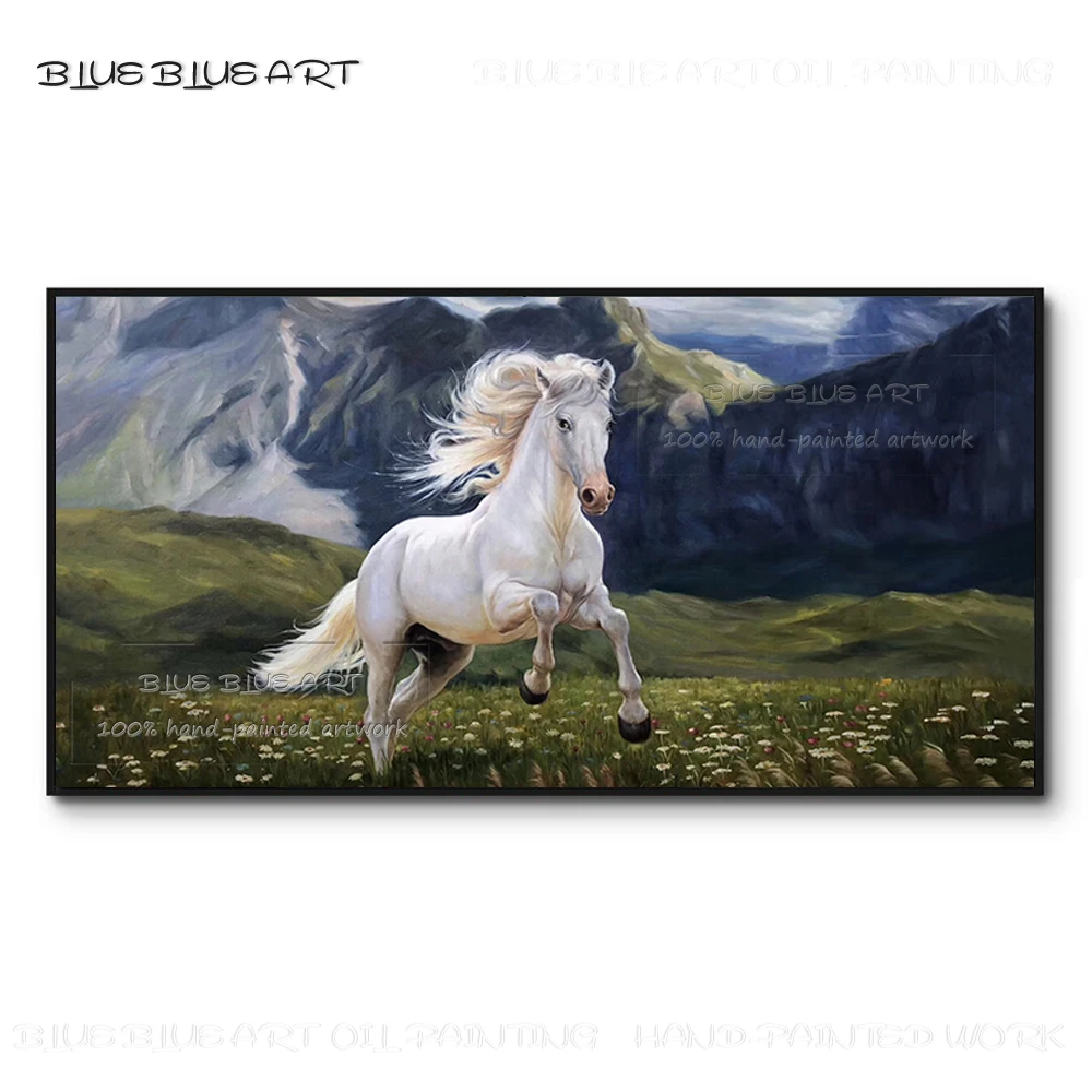 

Expert Painter Pure Hand-painted White Horse Oil Painting on Canvas Classical Art Running White Horse Oil Painting for Bedroom