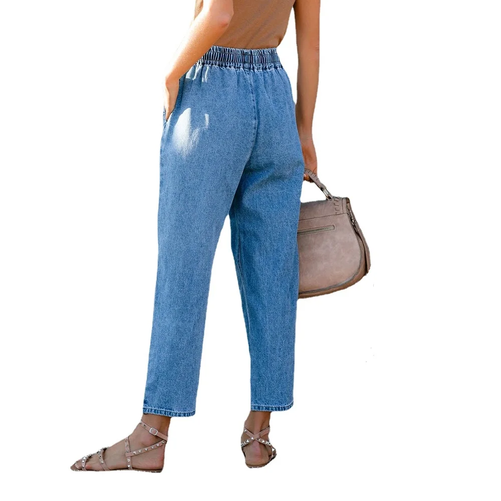

Drawstring Elastic Waist Denim Jeans For Women Solid Color Loose Casual Straight Jean Pants Pantalon pour femme