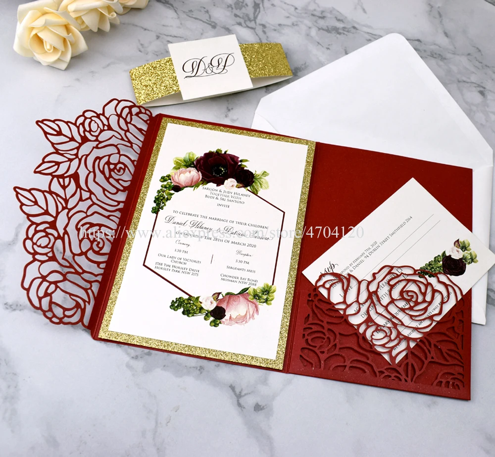 50 шт. Свадебное приглашение с этикеткой и блестящим поясом|Открытки приглашения|