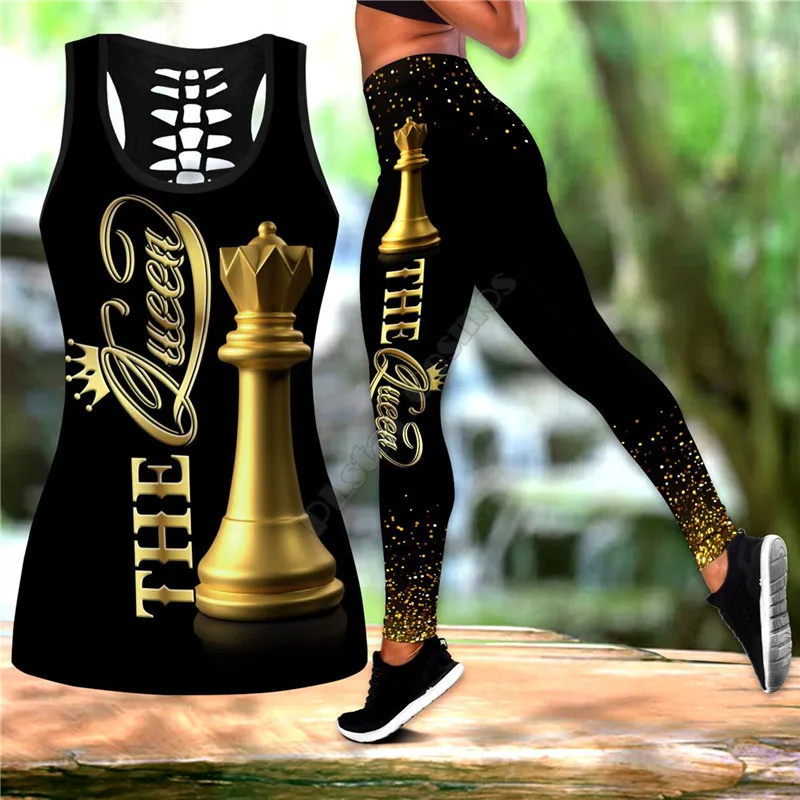 

Chess Lovers Queen Combo Outfit Leggings and Hollow out Tank Top Suit Sexy Yoga Fitness Soft Legging Summer Women For Girl