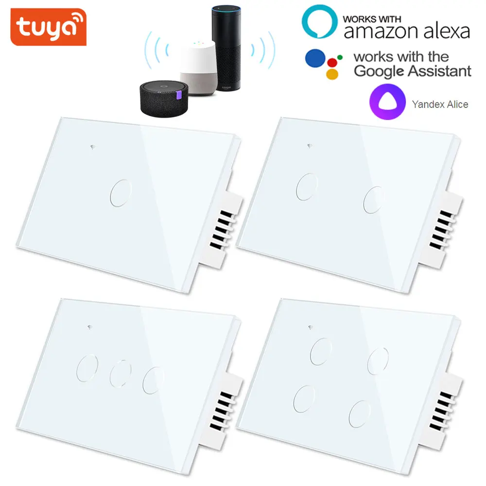 

tuya Wireless Led Light Smart Touch Screen Switch Glass 1/2/3/4 Gang Wifi Wall Touch Sensitive Switch Remote Control US Standard